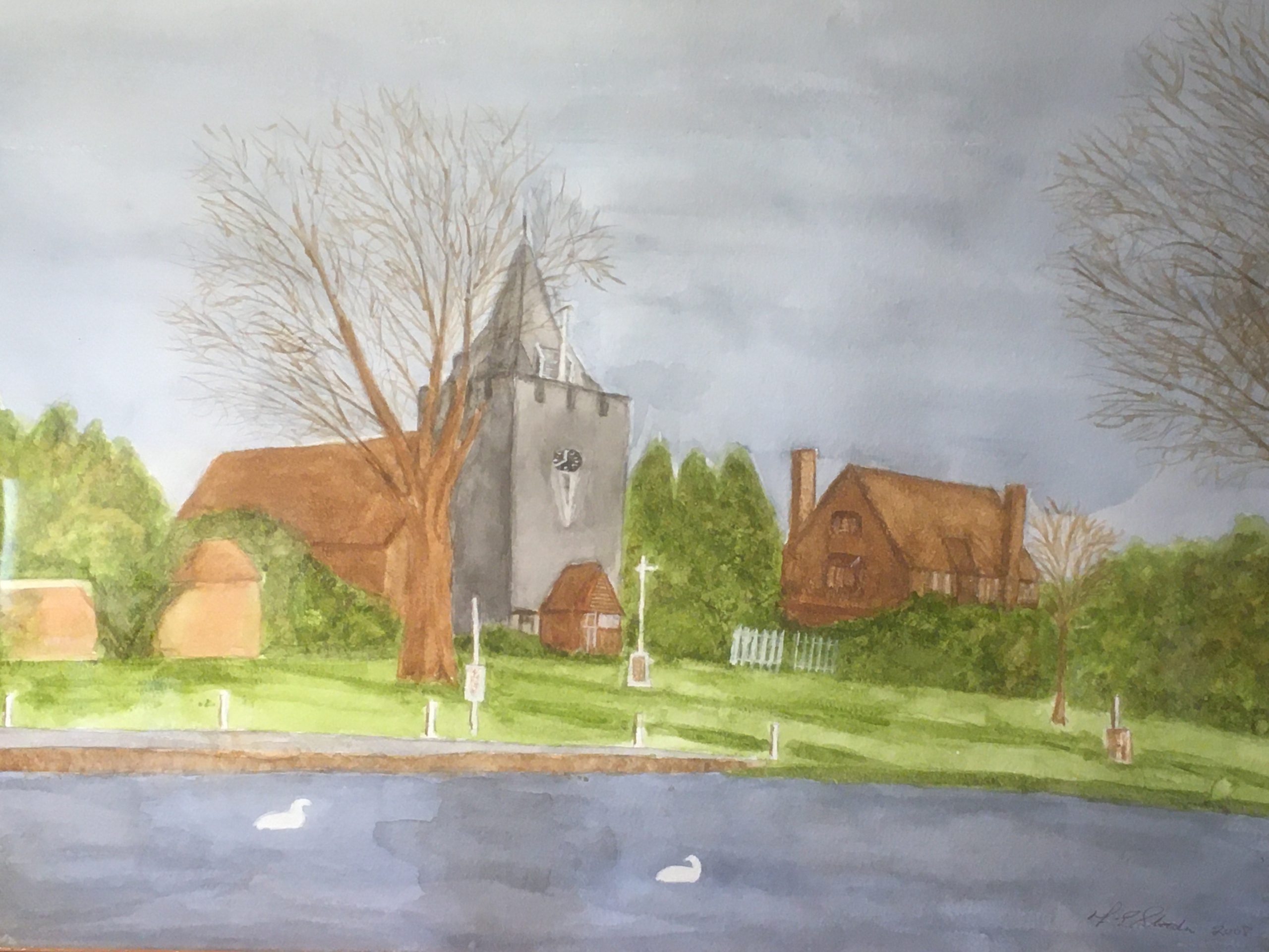 Otford Church, the Chantry and Pond (Watercolour)