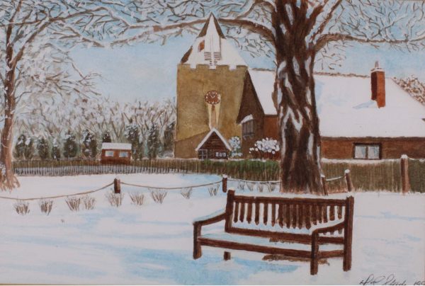 Otford Church and bench in snow (Watercolour)